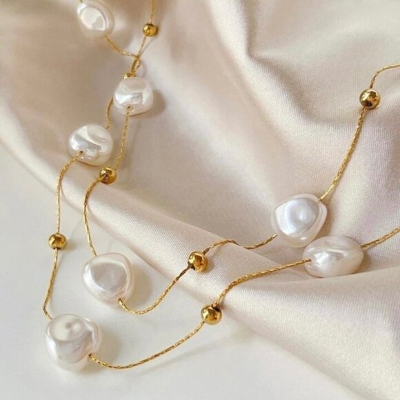NEW Layered Pearl Chain Necklace 18K Plated Timeless Preppy Wedding Classic - Picture 1 of 10
